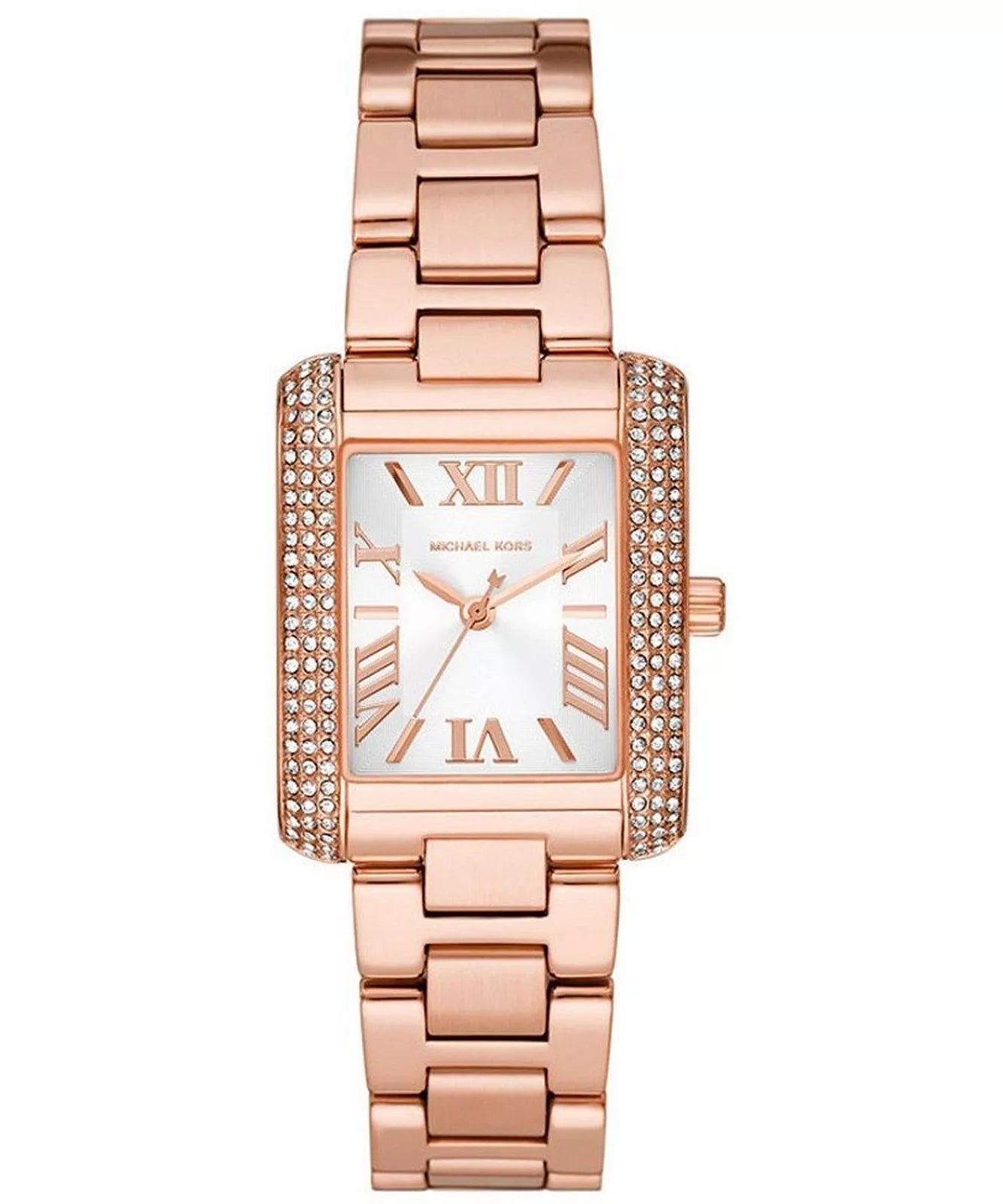 Michael Kors Emery rose gold-tone women's watch with rectangular white dial and crystal-studded bezel