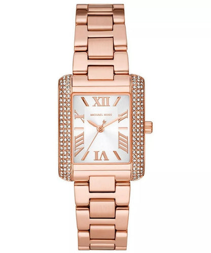 Michael Kors Emery rose gold-tone women's watch with rectangular white dial and crystal-studded bezel