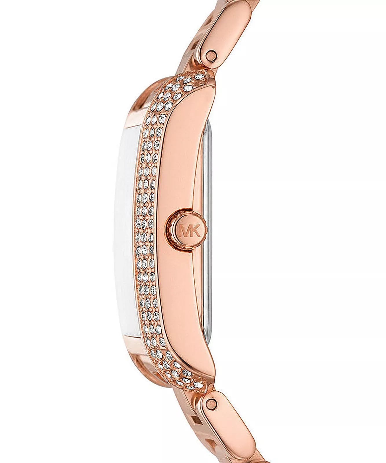 Side view of Michael Kors Emery watch showing crystal-accented case edge and crown