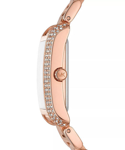 Side view of Michael Kors Emery watch showing crystal-accented case edge and crown