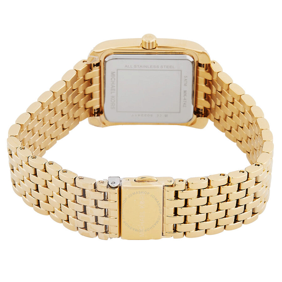 Michael Kors Emery watch caseback showing stainless steel bracelet and deployment clasp