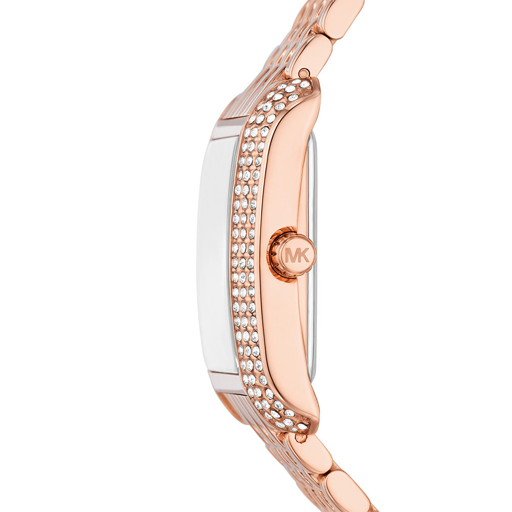 Michael Kors Emery Pavé rose gold-tone watch showing side profile with crystal bezel and link bracelet