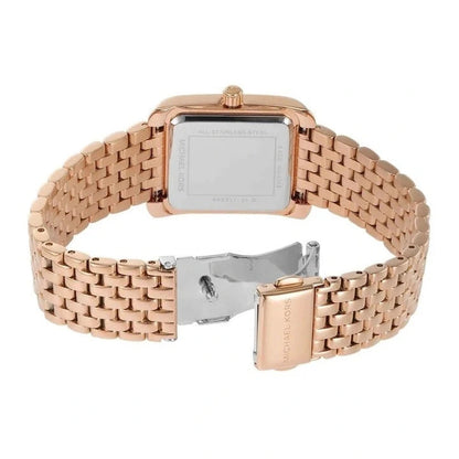 Michael Kors Emery Pavé rose gold-tone watch shown from back with fold-over bracelet clasp
