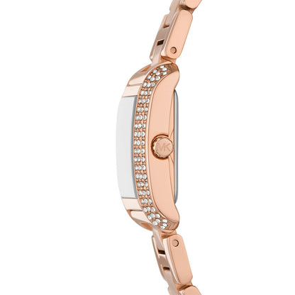 Side profile of Michael Kors Emery MK7512 watch showing crystal-adorned bezel and rose gold-tone case