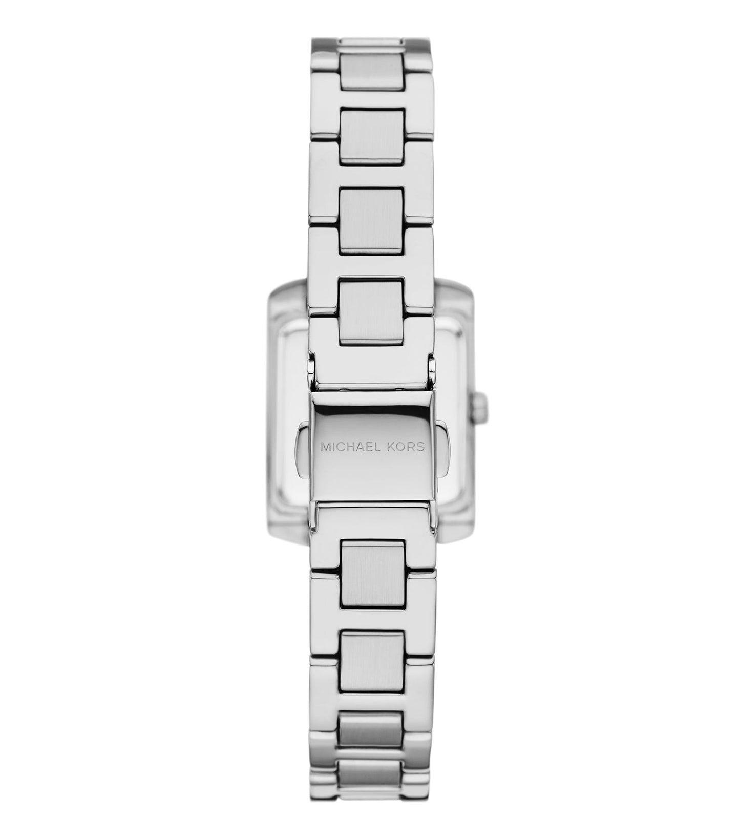 Michael Kors Emery MK7514 case back view showing silver-tone stainless steel bracelet and case