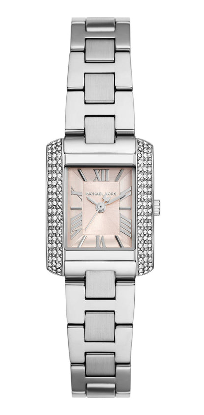 Michael Kors Emery MK7514 women's watch with pink MOP dial, three hands, silver-tone rectangular case and bracelet with crystal-set bezel