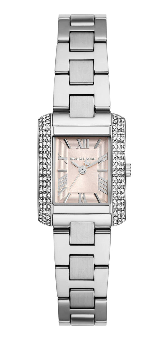 Michael Kors Emery MK7514 women's watch with pink MOP dial, three hands, silver-tone rectangular case and bracelet with crystal-set bezel