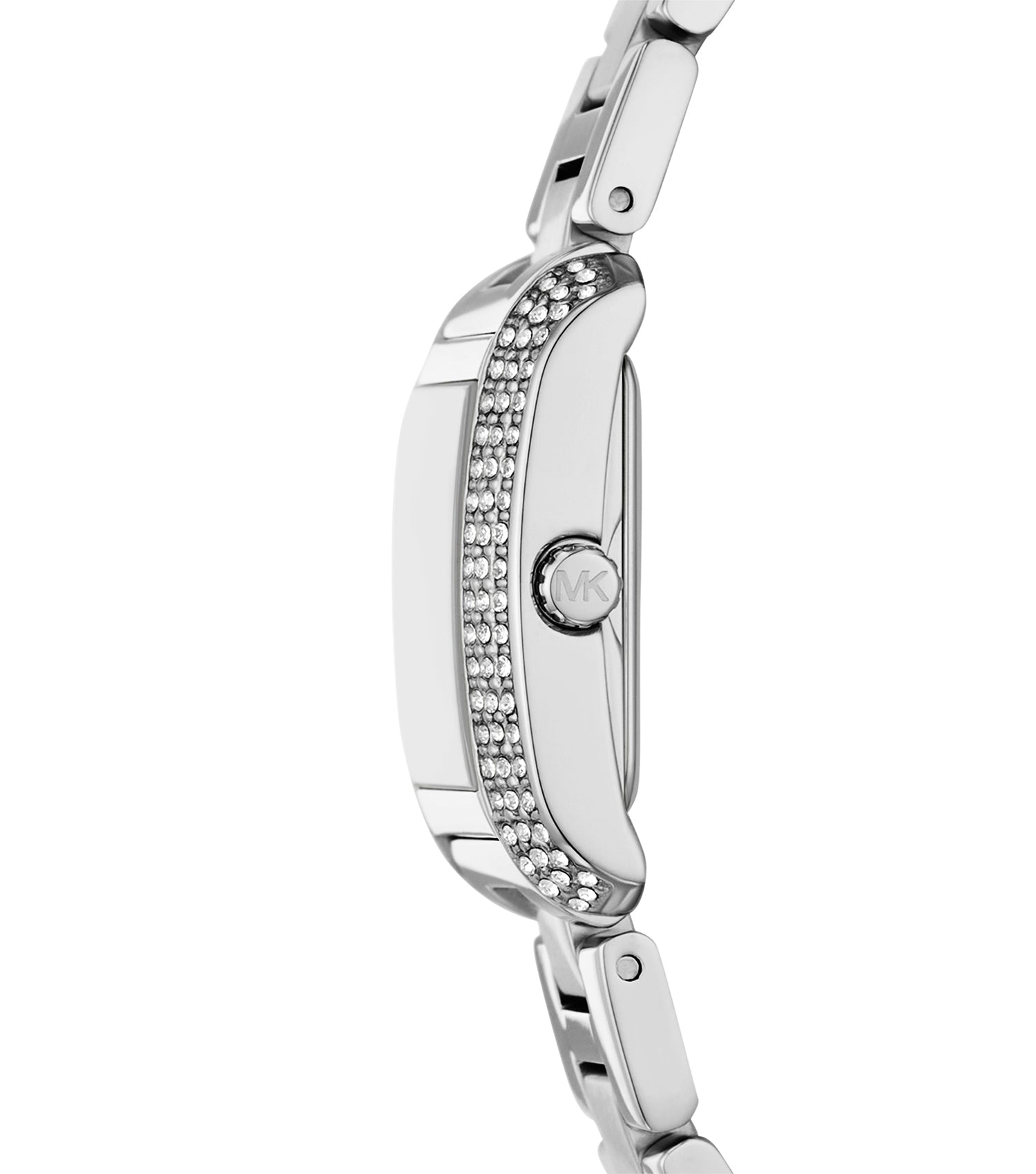 Michael Kors Emery MK7514 side profile showing silver-tone case with crystal-set bezel and bracelet attachment