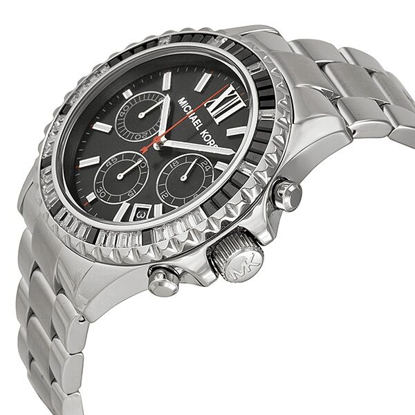 Michael Kors Everest chronograph watch angled side view with stainless steel band and black face