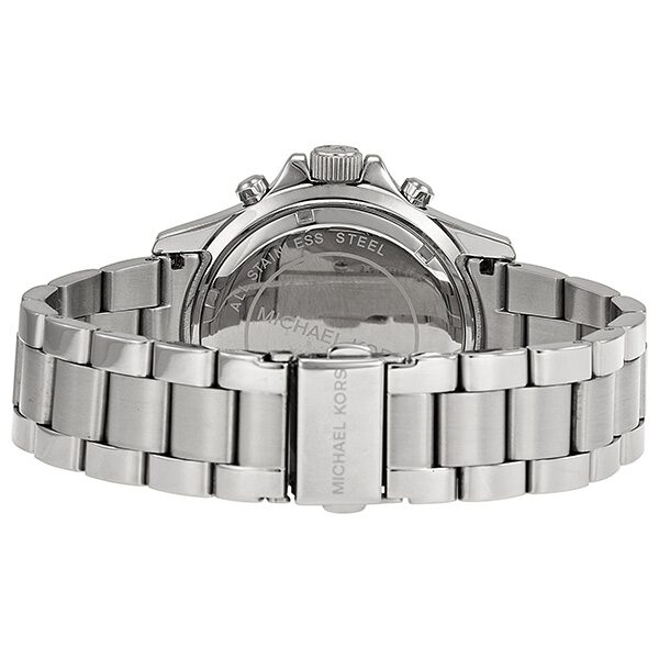 Michael Kors Everest watch caseback showing stainless steel with bracelet attachment
