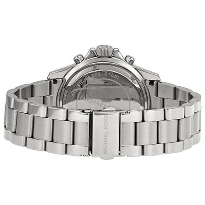 Michael Kors Everest watch caseback showing stainless steel with bracelet attachment