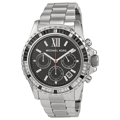 Michael Kors Everest chronograph women's watch with black dial and silver stainless steel bracelet