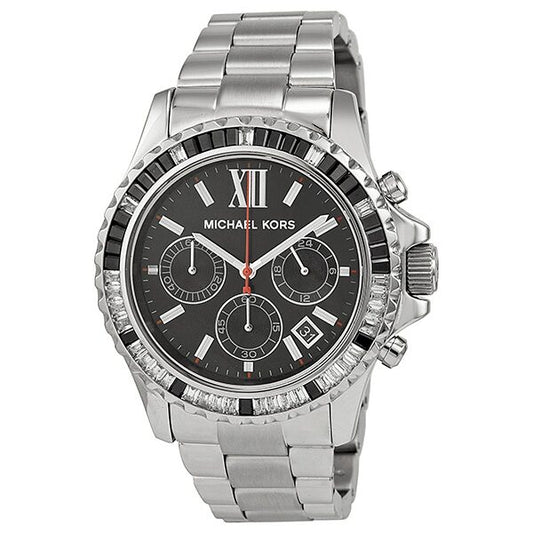 Michael Kors Everest chronograph women's watch with black dial and silver stainless steel bracelet
