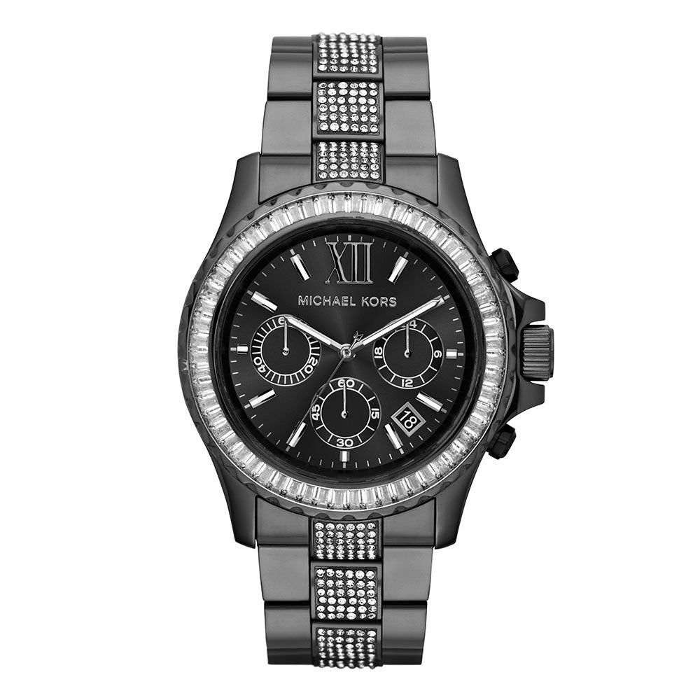 Michael Kors Everest all black women's watch with diamond bezel and chronograph subdials