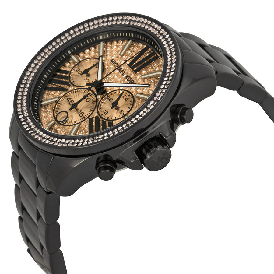 Michael Kors Everest watch angled view showing rose chronograph dial and diamond bezel