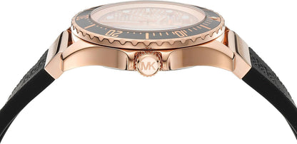 Michael Kors Everest watch side view showing rose gold case and black strap