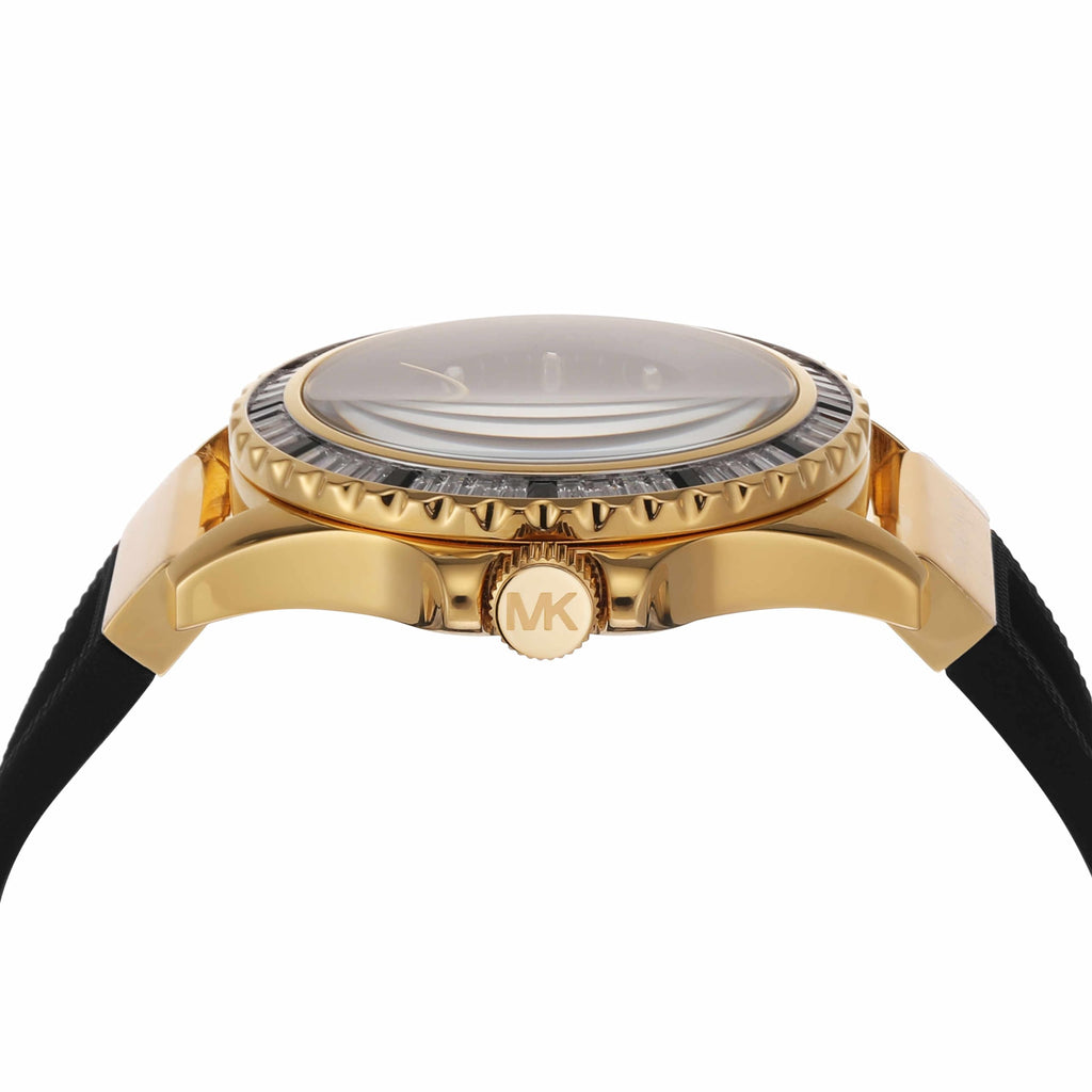 Michael Kors Everest watch side profile showing gold-tone stainless steel case and bezel