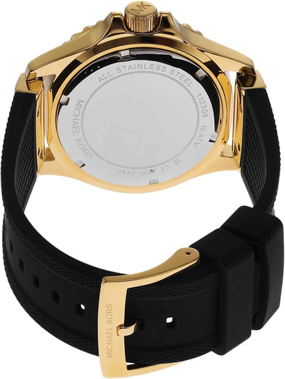 Michael Kors Everest watch caseback with stainless steel and silicone strap detail