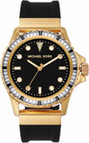 Michael Kors Everest watch with black dial, pavé crystal bezel, gold case and black silicone strap