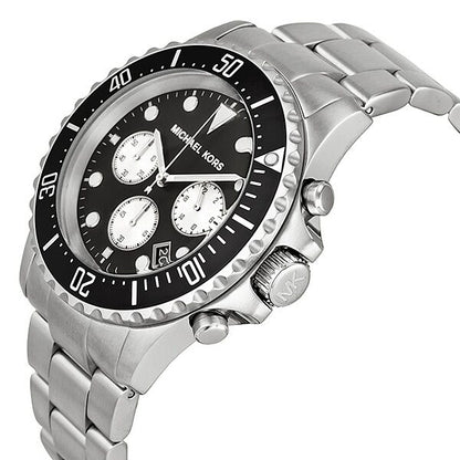 Michael Kors Everest chronograph watch from side angle showing stainless steel case and bracelet