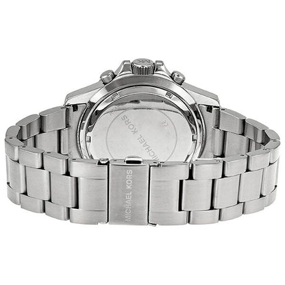Michael Kors Everest watch caseback showing stainless steel display back and engraved bracelet