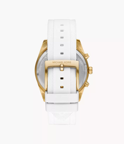 Caseback view of Michael Kors Hadyn MK7484 with white silicone strap and gold-tone buckle