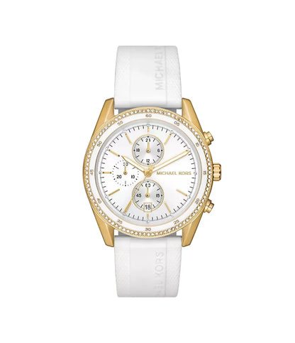 Michael Kors Hadyn MK7484 gold-tone chronograph watch with white silicone strap and pavé bezel