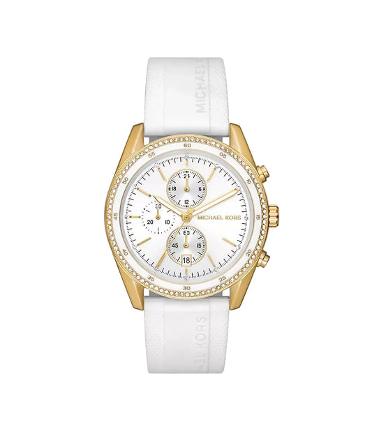 Michael Kors Hadyn MK7484 gold-tone chronograph watch with white silicone strap and pavé bezel