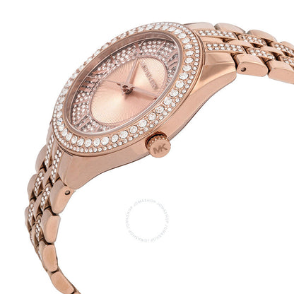 Michael Kors Harlowe Pave rose-gold watch shown at angle displaying case profile and pave bracelet details