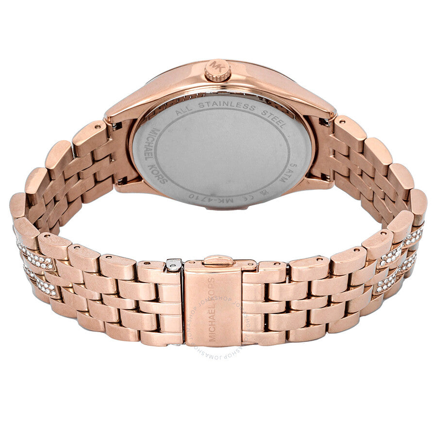 Michael Kors Harlowe Pave watch caseback showing stainless steel case and pave bracelet underside