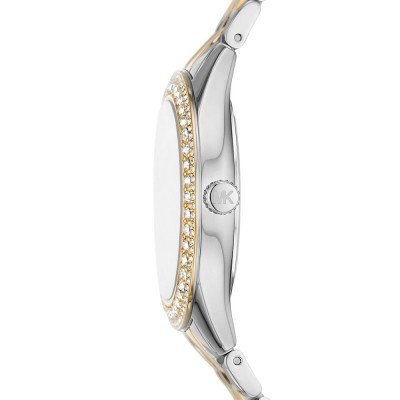 Michael Kors Harlowe MK4811 watch side profile showing two-tone bracelet and crystal bezel