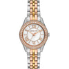 Michael Kors Harlowe MK4846 watch with crystal bezel, silver and rose gold-tone bracelet, white dial with Roman numerals