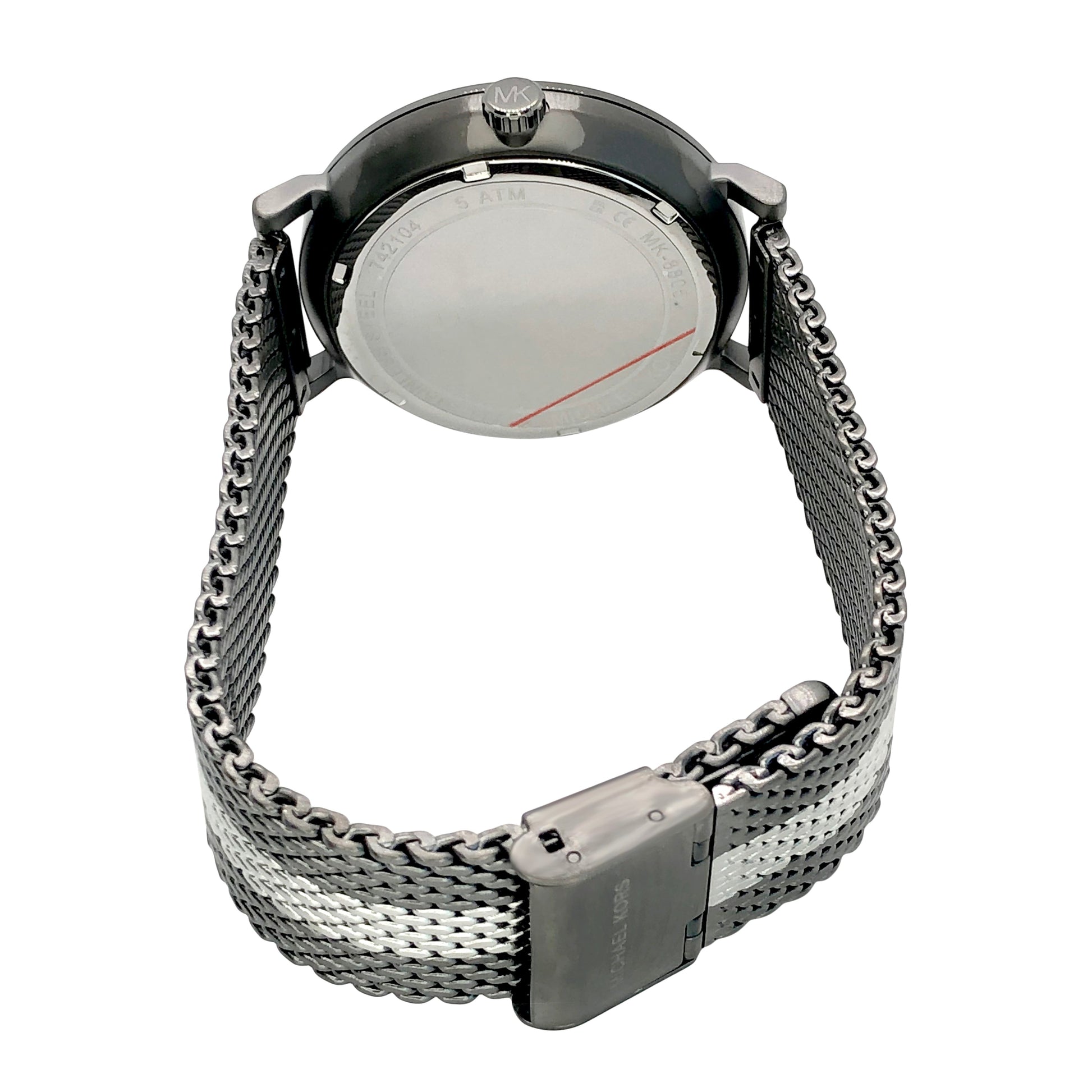 Michael Kors Irving grey watch MK8805 case back and mesh bracelet detail