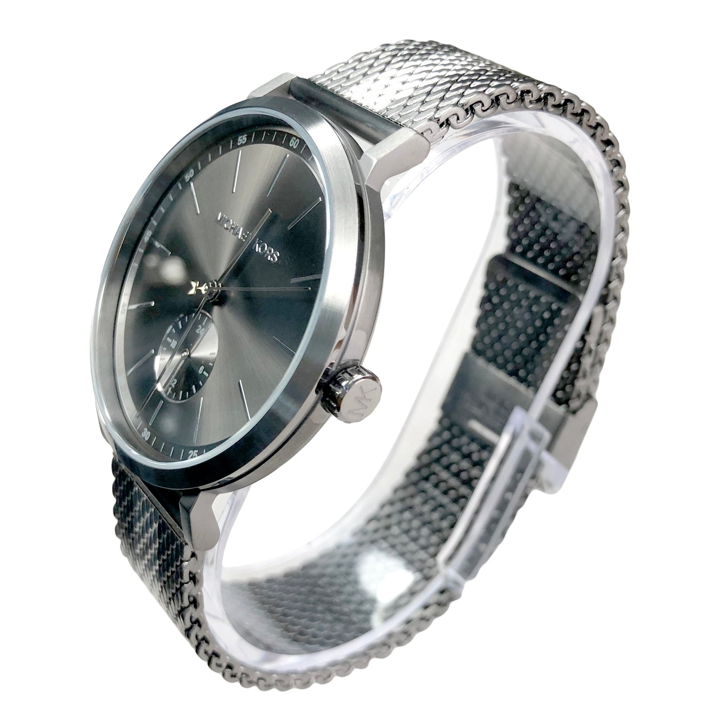 Michael Kors Irving grey watch MK8805 worn on wrist with mesh bracelet