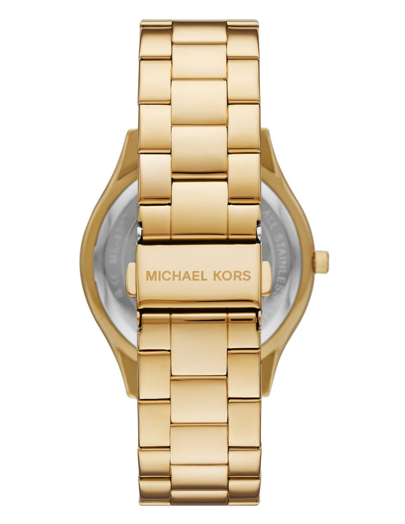 Michael Kors Janelle watch caseback view with gold-tone case and two-tone strap