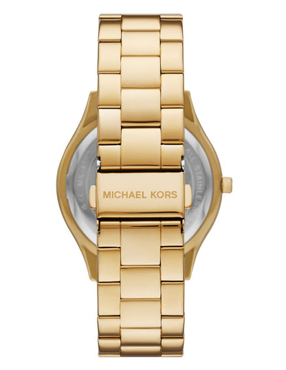 Michael Kors Janelle watch caseback view with gold-tone case and two-tone strap