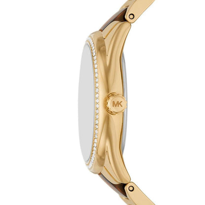 Michael Kors Janelle watch side view showing tortoise acetate strap links and crystal bezel
