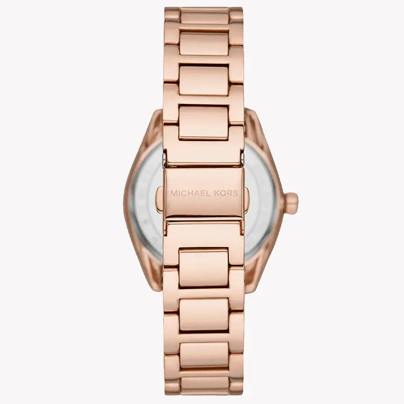 Michael Kors Janelle MK4731 caseback view showing rose gold bracelet and case from rear