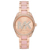 Michael Kors Janelle rose gold and pink two-tone watch with crystal-bezel and MK logo dial