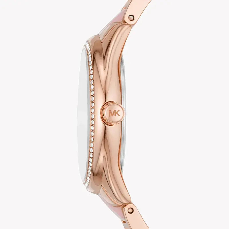Michael Kors Janelle MK4731 side profile showing rose gold case and two-tone bracelet with crystal details