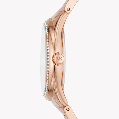 Michael Kors Janelle MK4731 side profile showing rose gold case and two-tone bracelet with crystal details