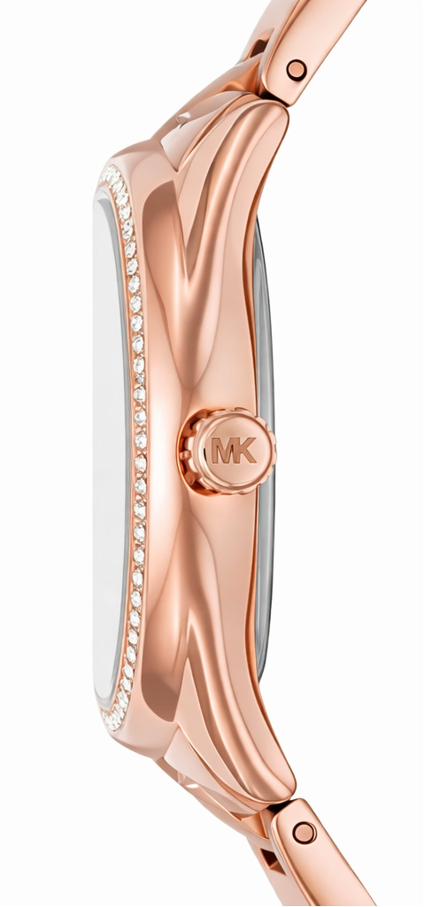 Michael Kors Janelle MK7091 side profile showing rose-gold case depth, crystal bezel detail, and bracelet strap