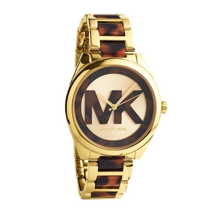 Michael Kors Janelle women's watch with gold case, tortoise brown acetate strap, and MK logo dial