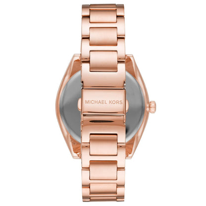 Back of Michael Kors Janelle watch showing caseback with Michael Kors text and rose gold-tone bracelet