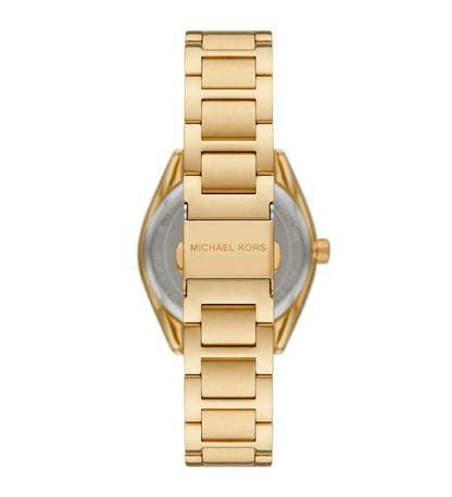 Michael Kors Janelle watch caseback view showing gold-tone stainless steel bracelet