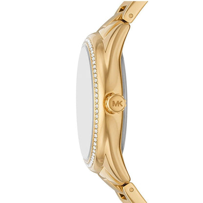 Michael Kors Janelle watch side profile showing gold bracelet and crystal-set bezel