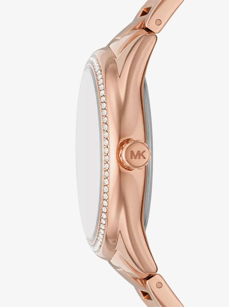 Michael Kors Janelle watch side profile showing rose gold bracelet and case