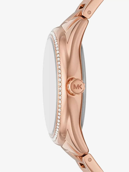 Michael Kors Janelle watch side profile showing rose gold bracelet and case
