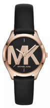 Michael Kors Jaycie women's watch with rose-gold case, black dial, and black leather strap
