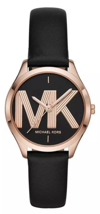 Michael Kors Jaycie women's watch with rose-gold case, black dial, and black leather strap